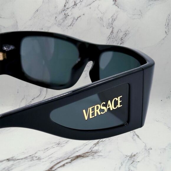 VERSACE Sunglasses New Black Square Wrap Shield Mask Acetate Gold Letter Logo - Picture 6 of 12